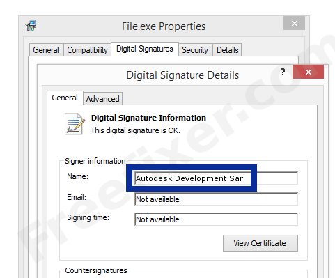 Screenshot of the Autodesk Development Sarl certificate
